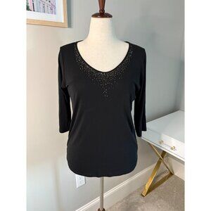 Eileen Fisher 100% Silk Size M Black Embellished Neckline Stretch Knit